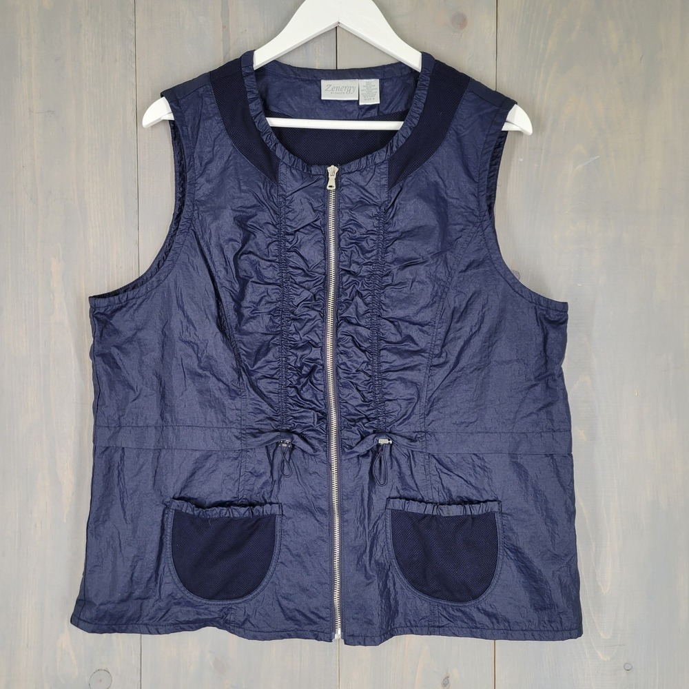 Chico's Zenergy Vest Womens Size 3 Blue Good Preowned Nylon Mesh Full Zip Ruched